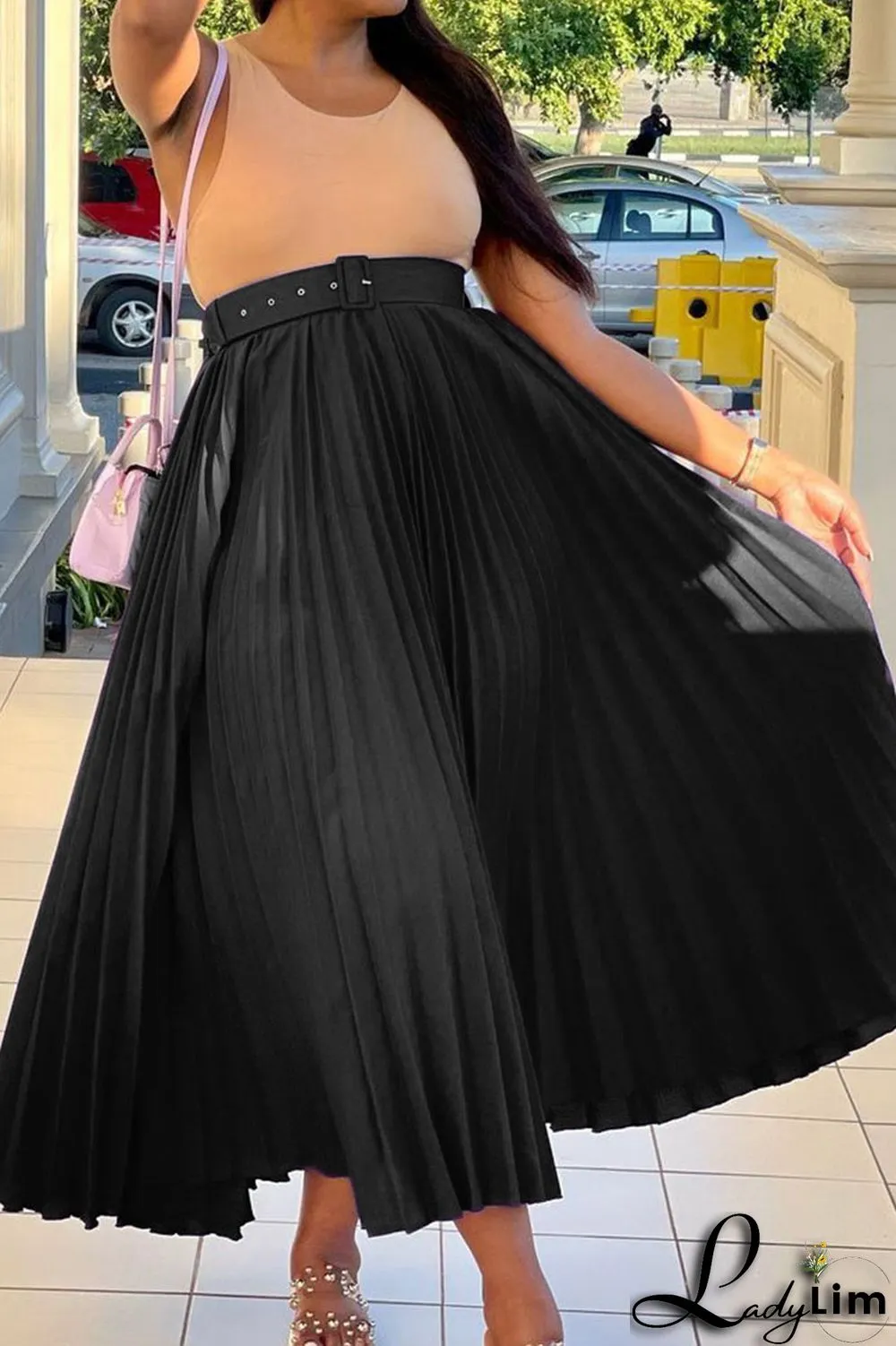 Green Casual Solid Patchwork Fold With Belt Loose High Waist Straight Solid Color Bottoms