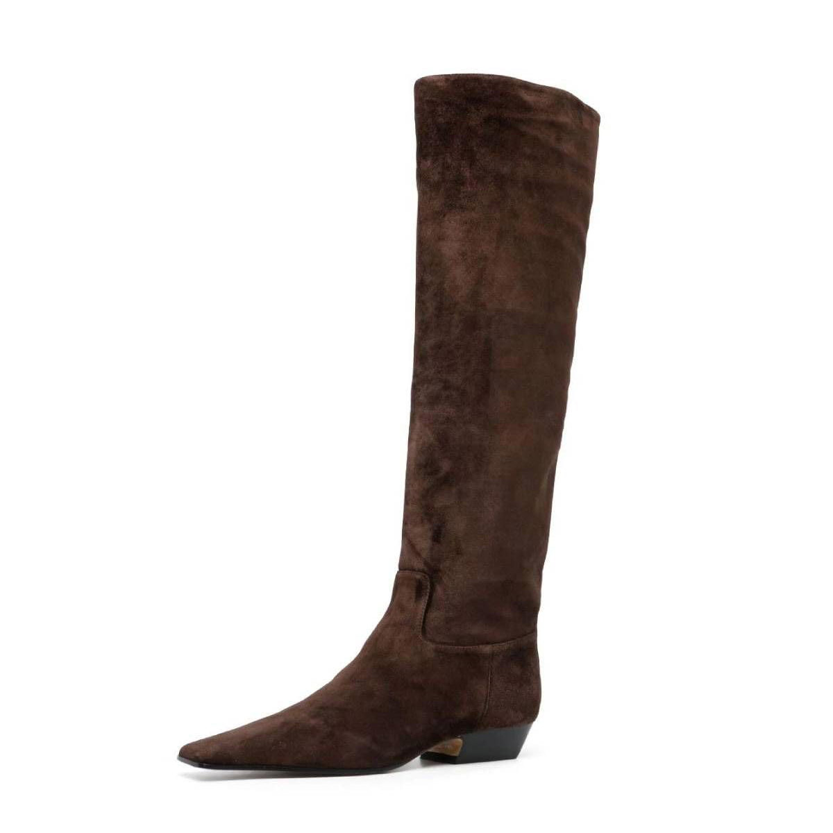 Brown Pull-On Low Heel Knee High Boots for Women with Square Toe Nicepairs