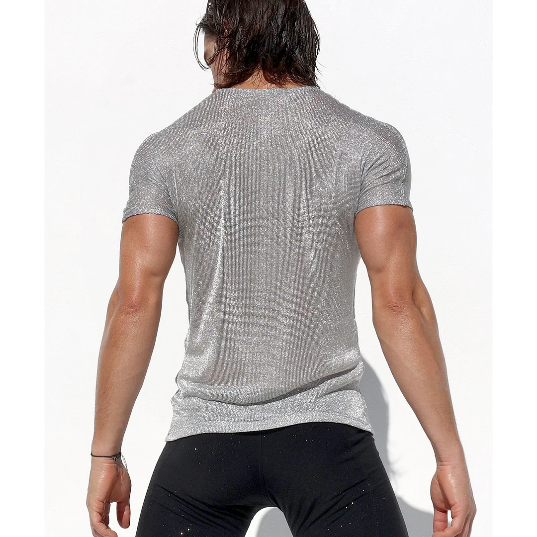 Men's Shiny Striped Loose Short-sleeved Crew Neck Top-inspireuse