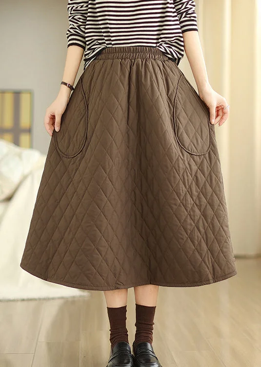 Retro Coffee Pockets Elastic Waist Fine Cotton Filled Skirt Winter