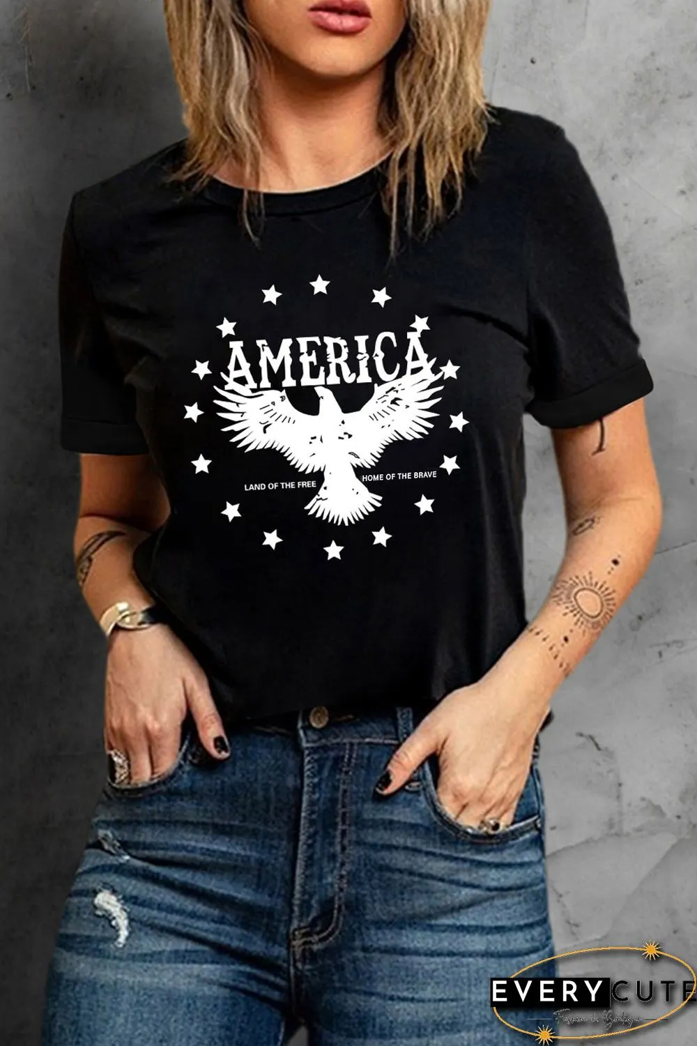 Black AMERICA Eagle Star Graphic Print Short Sleeve T Shirt