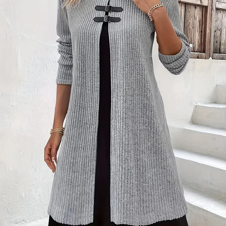 Faux Twinset Buckle Decor Dress, Casual Long Sleeve Crew Neck Dress, Women's Clothing
