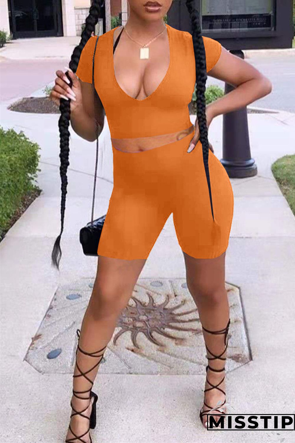 Orange Fashion Casual Solid Basic V Neck Short Sleeve Two Pieces
