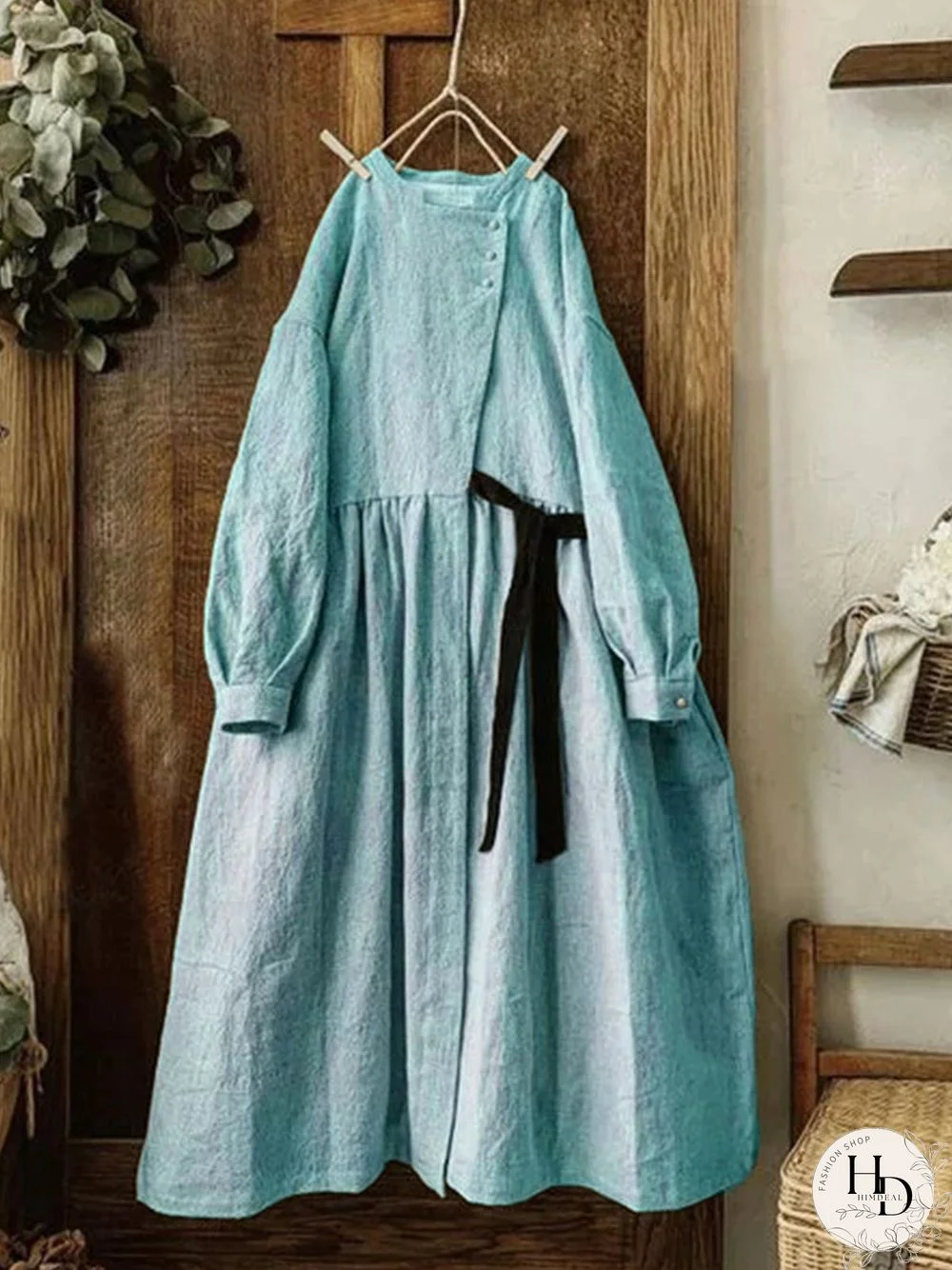 Vintage Plain Plus Size Long Sleeve Casual Weaving Dress