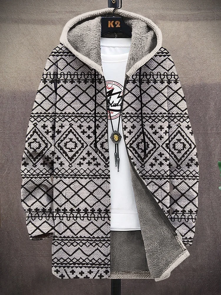 Men's Geometric Patterns Print Fleece Lined Hooded Trench Coat