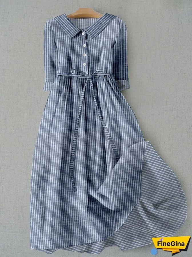 Women's Vintage Striped Design Printed Lace-Up Dress