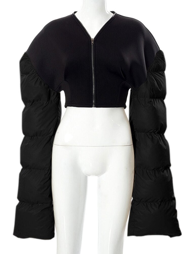 Weird Puss Patchwork Women Crop Jacket Warmth Long Sleeve Zipper Parkas 2021 Winter Fashion Casual Wild Hot Streetwear Outfits