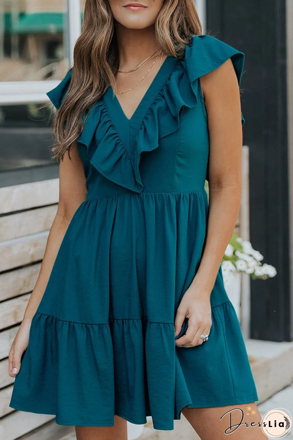 Blue V-Neck Tiered Ruffle Mini Dress with Smocked Back