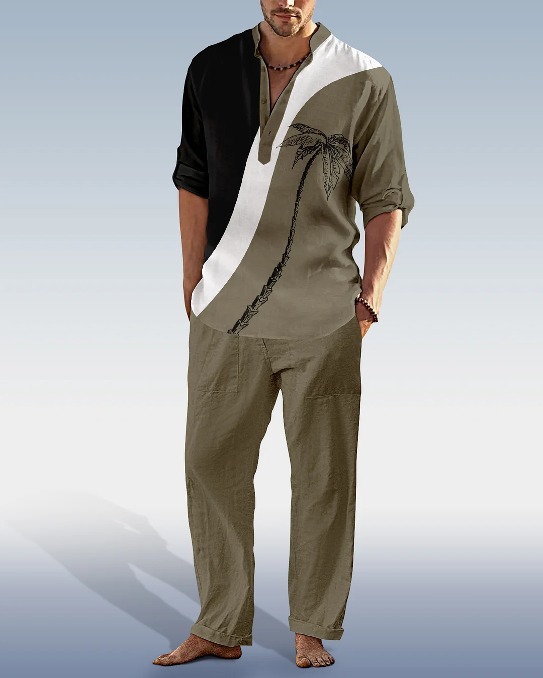 Suitmens Men's Color Matching Coconut Tree Casual Cotton Linen Trousers Long Sleeve Set 55