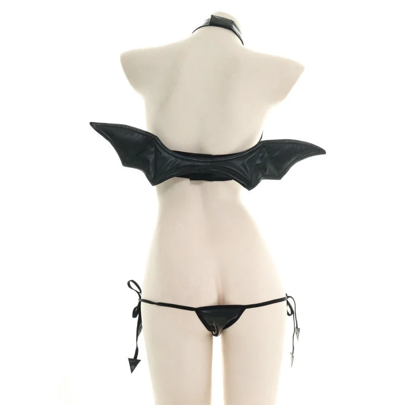 OJBK Sexy Bikini Lingerie Suit Patent-Leather Devil Wing Open-Chested Cosplay Costumes Underwear Uniform Seduction Pajamas 2021