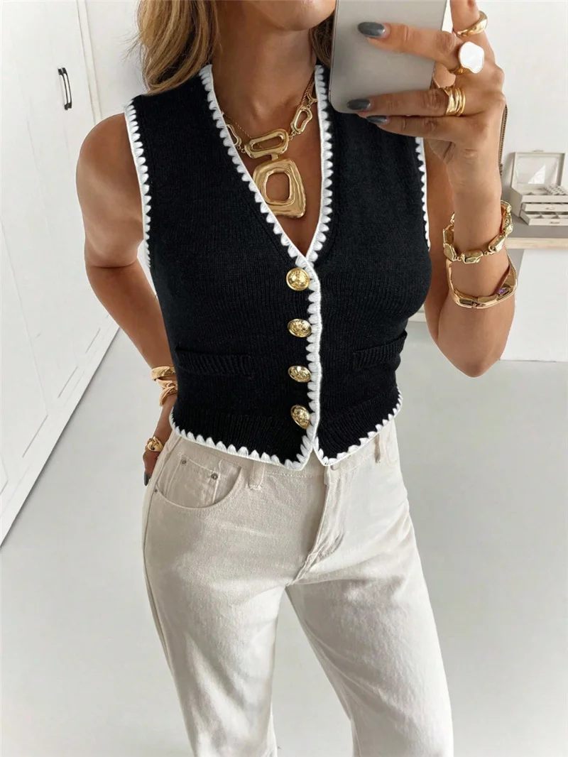 Athvotar Athvotar 2025 Women's Flower Decoration Single-Billed Casual Knitted Vest Sweater