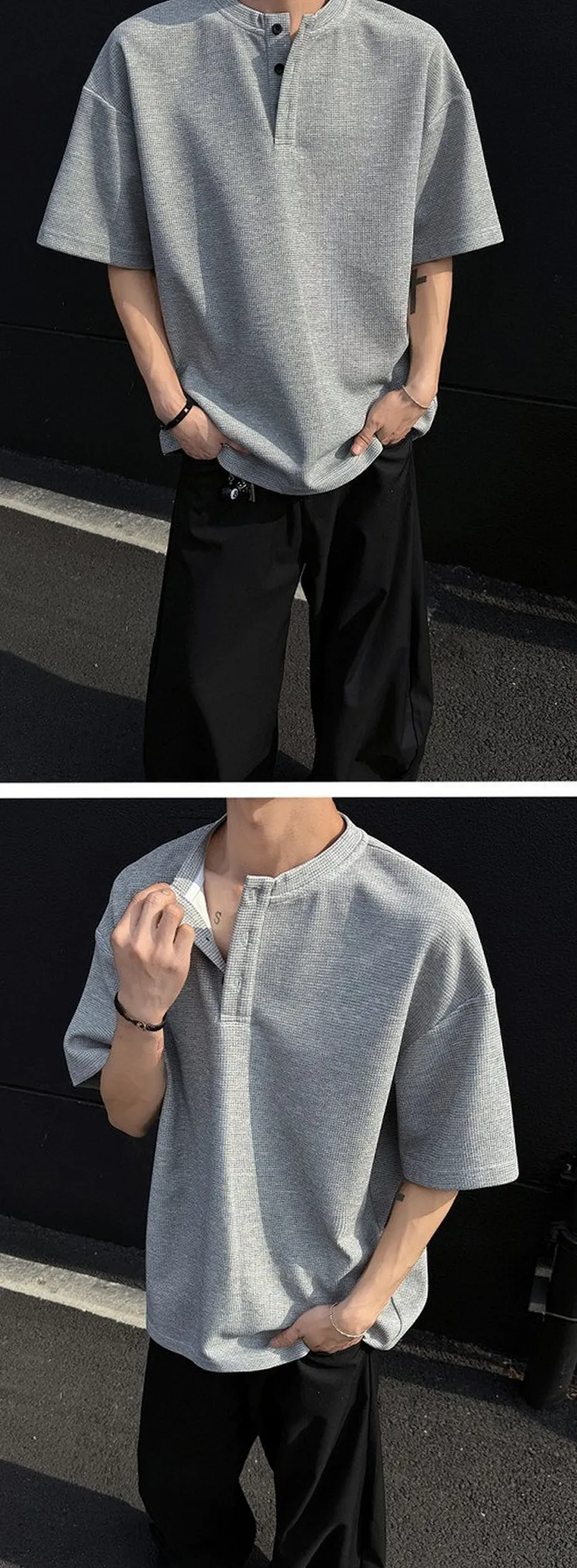 Heavyweight Waffle Knit Henley T - Shirt for Men Relaxed Fit