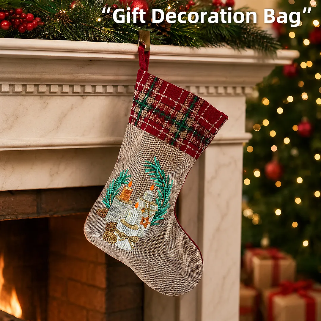 DIY Diamond Painting Christmas Stockings Hanging Ornaments Large Capacity Xmas Socks Pendant Wear Resist Candy Gift Storage Bags for Family Christmas Holiday Party Decoration (Bright candle)