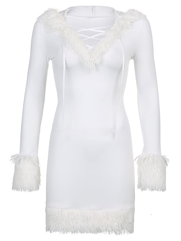 White Princess Fur Paneled Lace Up Bodycon Dress