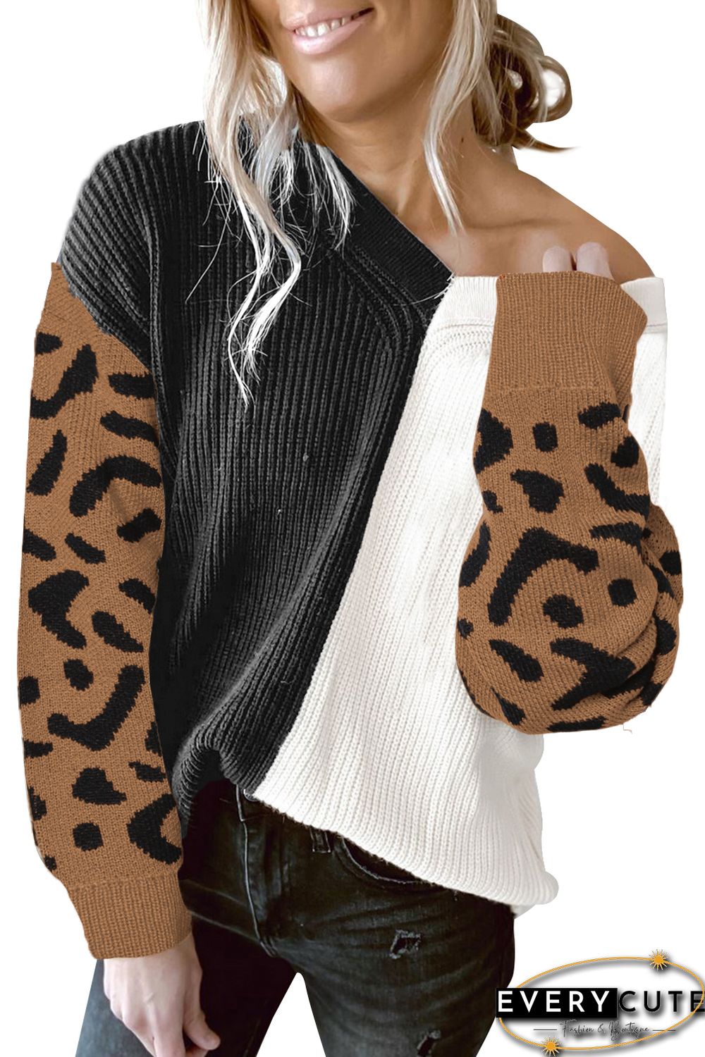 Leopard Print Contrast Color V Neck Sweater