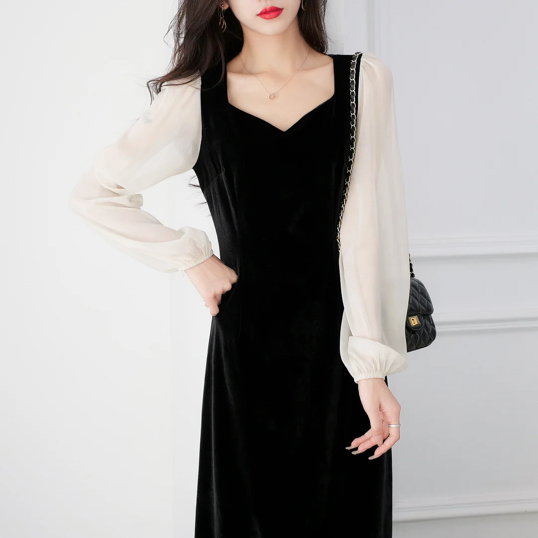 Jangj Female Long Sleeve Puff Sleeve Velvet Elegant Split Midi Dresses Women Solid Color Square Collar See Through Long Dress