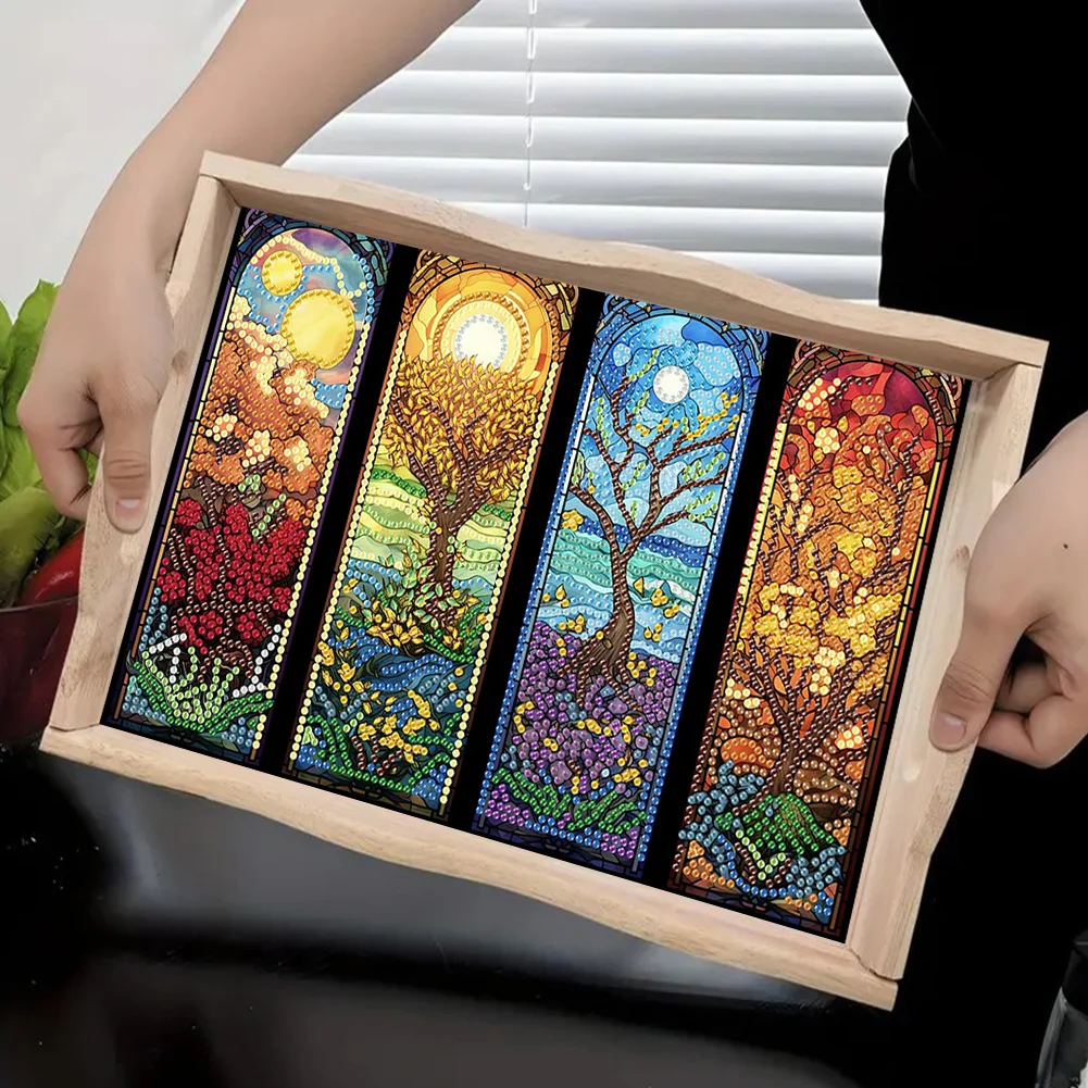 5D DIY Wooden Four Season Tree Diamond Painting Tray Art Craft for Desk Coffee Table Serving Tray Diamond Art Dining Plate