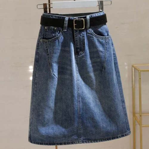 Fitaylor 2021 Spring Summer Women Blue Split Denim Skirts with Belt Casual Loose High Waist Mid Length Skirt Big Size Skirts