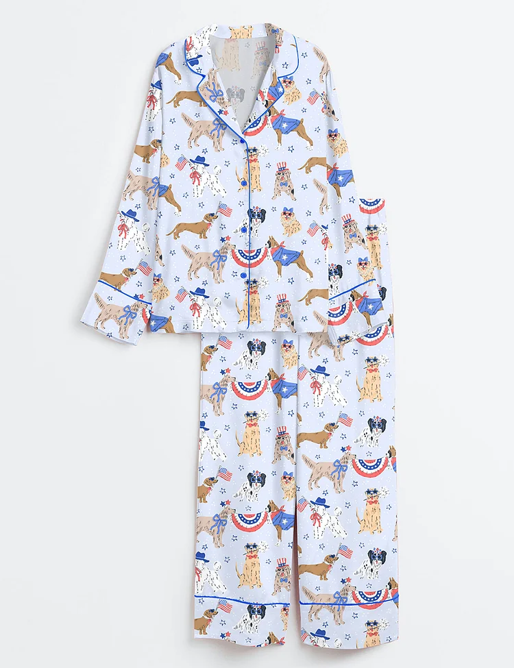 Women&rsquo;s Patriotic Dog Art America Red White And Blue Summer Print Long Sleeve Satin Pajama Set