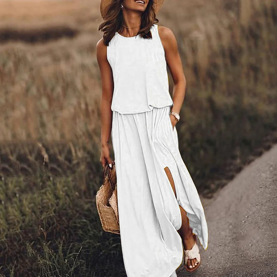 Women's Round Neck Solid Cotton-Blend Boho Pink Maxi Dress