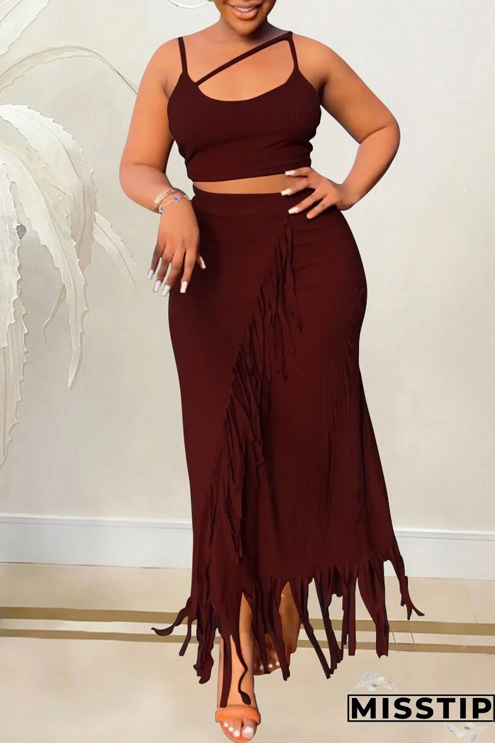 Burgundy Sexy Casual Solid Tassel Patchwork Backless Spaghetti Strap Sleeveless Two Pieces