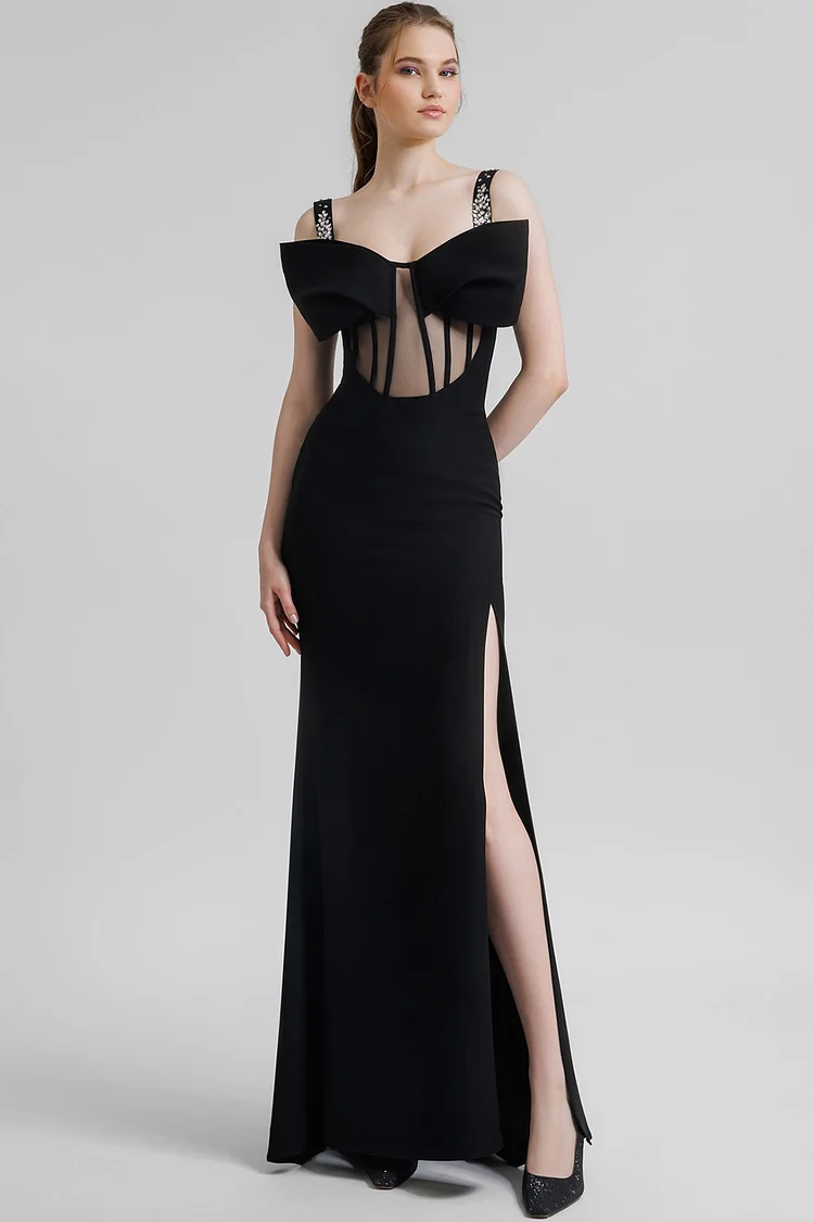 Semi Formal Black Rhinestone Sleeveless See-Through Split Sheath Maxi Dress