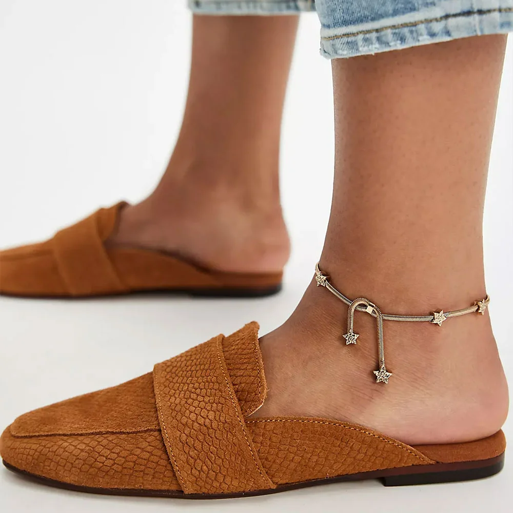 Brown Vegan Suede Snakeskin Embossed Square Toe Loafer Mules Shoes