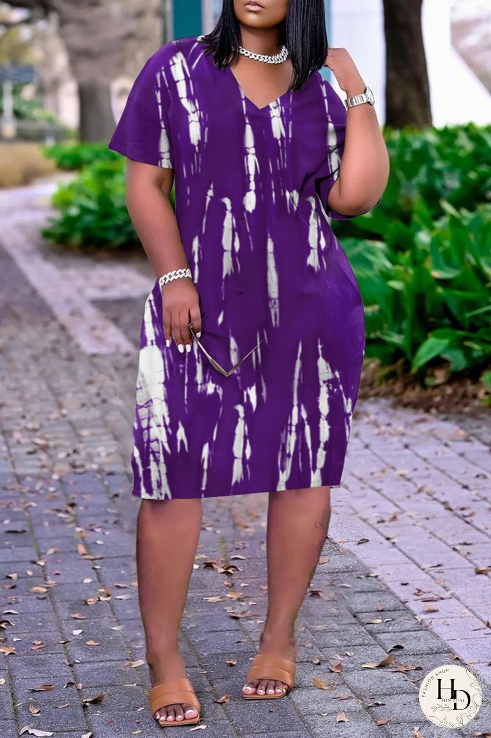 Purple Fashion Casual Plus Size Print Basic V Neck Short Sleeve Dress