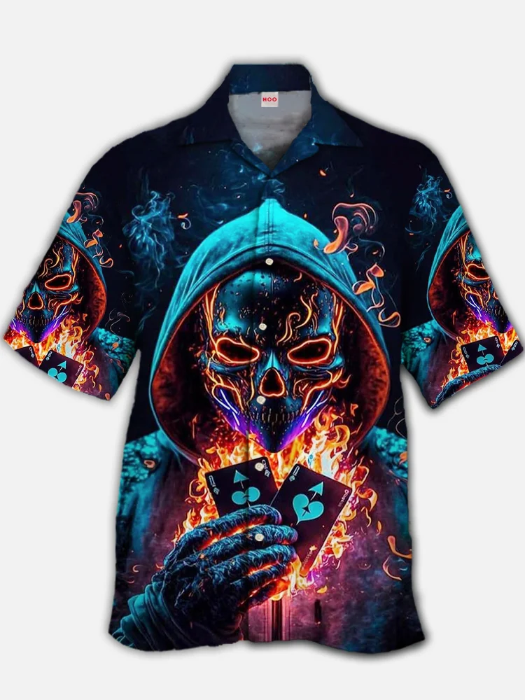 Eye-Catching Dark Death And Flame Cards Printing Cuban Collar Hawaiian Short Sleeve Shirt BestDVibe