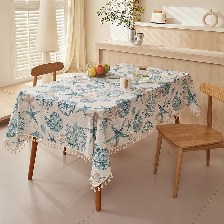 Submarine Patterned Cotton Linen Tassel Rectangular Tablecloth