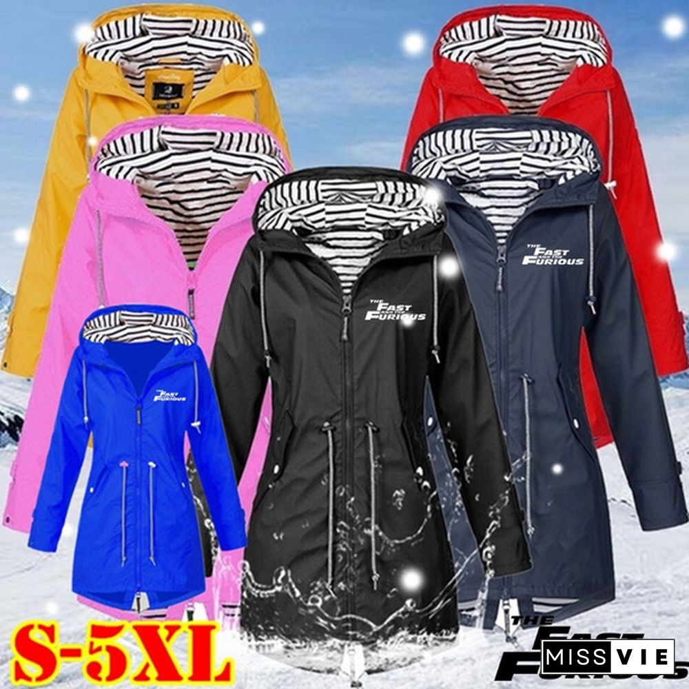 Ladies Double Layer Waterproof Lightweight Rain Jacket Outdoor Hooded Zipper Coats