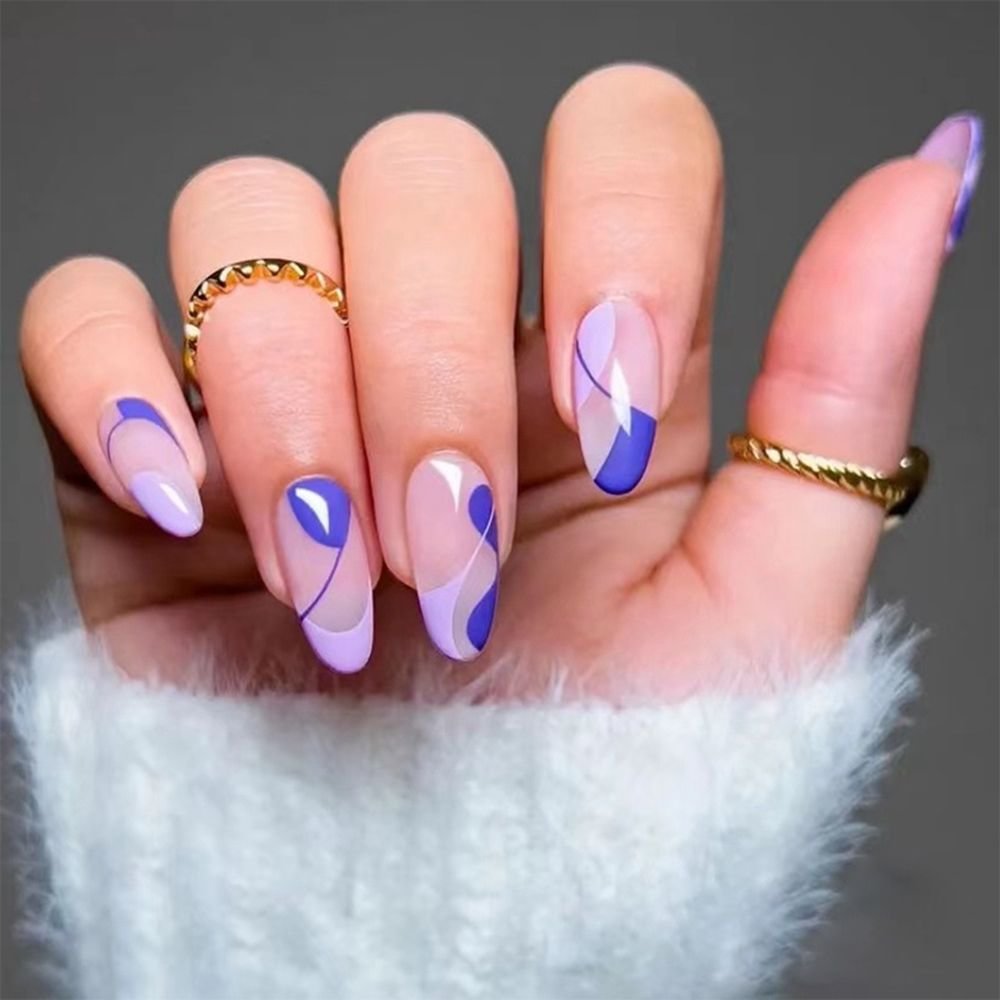 Oval Head False Nails Almond Abstract Line Design Artificial Fake Nails Full Cover Nail Tips Press On Nails DIY Manicure Tools
