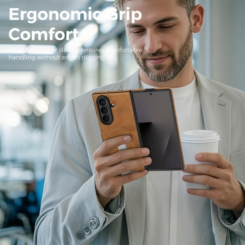 360 Rotae Kickstand Leather Case for Samsung Galaxy Z Fold 7 6 5 4 3 5G Magnetic Heavy Duty Cover, Military Shockproof Cases 