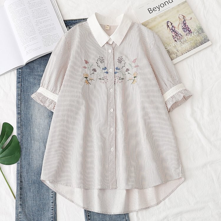 Embroidery Print Womens Shirts Striped Blouses Autumn Long Sleeve Cute Female Clothes Outwear