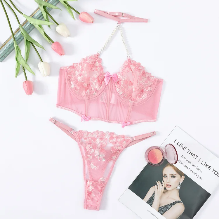 Flower Embroidery Halter Underwear Suit