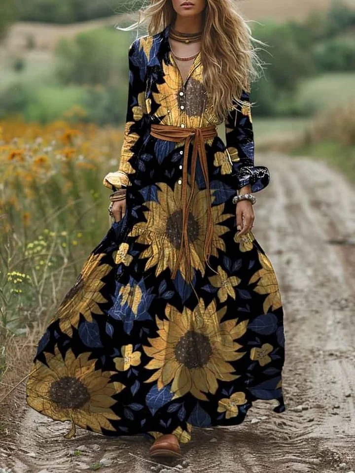 Women's Shirt Collar Sunflower Print Long Sleeve Pocket Cotton A-Line Dress