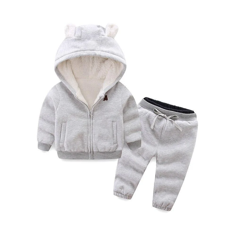 Autumn and winter boys and girls clothes set children plus fleece suit casual warm thick cartoon bear clothing sportswear