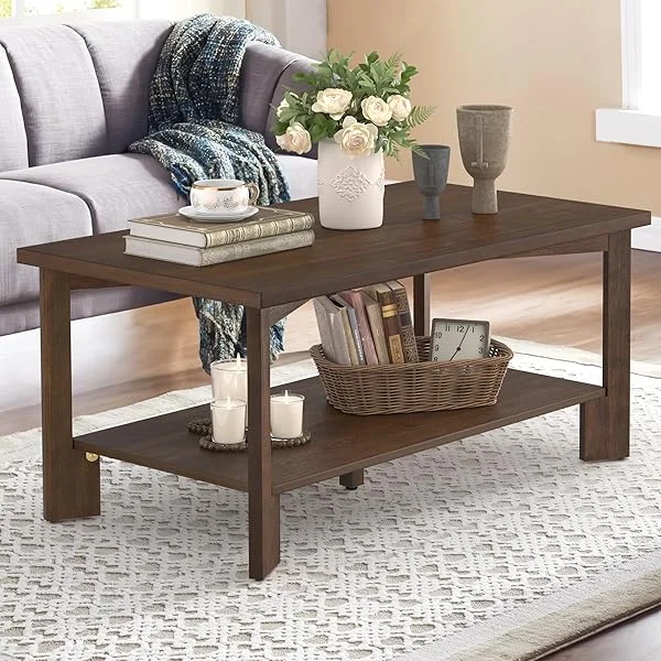 Walnut Coffee Table,Mid Century Modern 39" Rectangle Dark Walnut Coffee Table with Storage Shelves Wooden Accent Center Tea Table,Suitable for Office Home Living Room Apartment,Dark Walnut