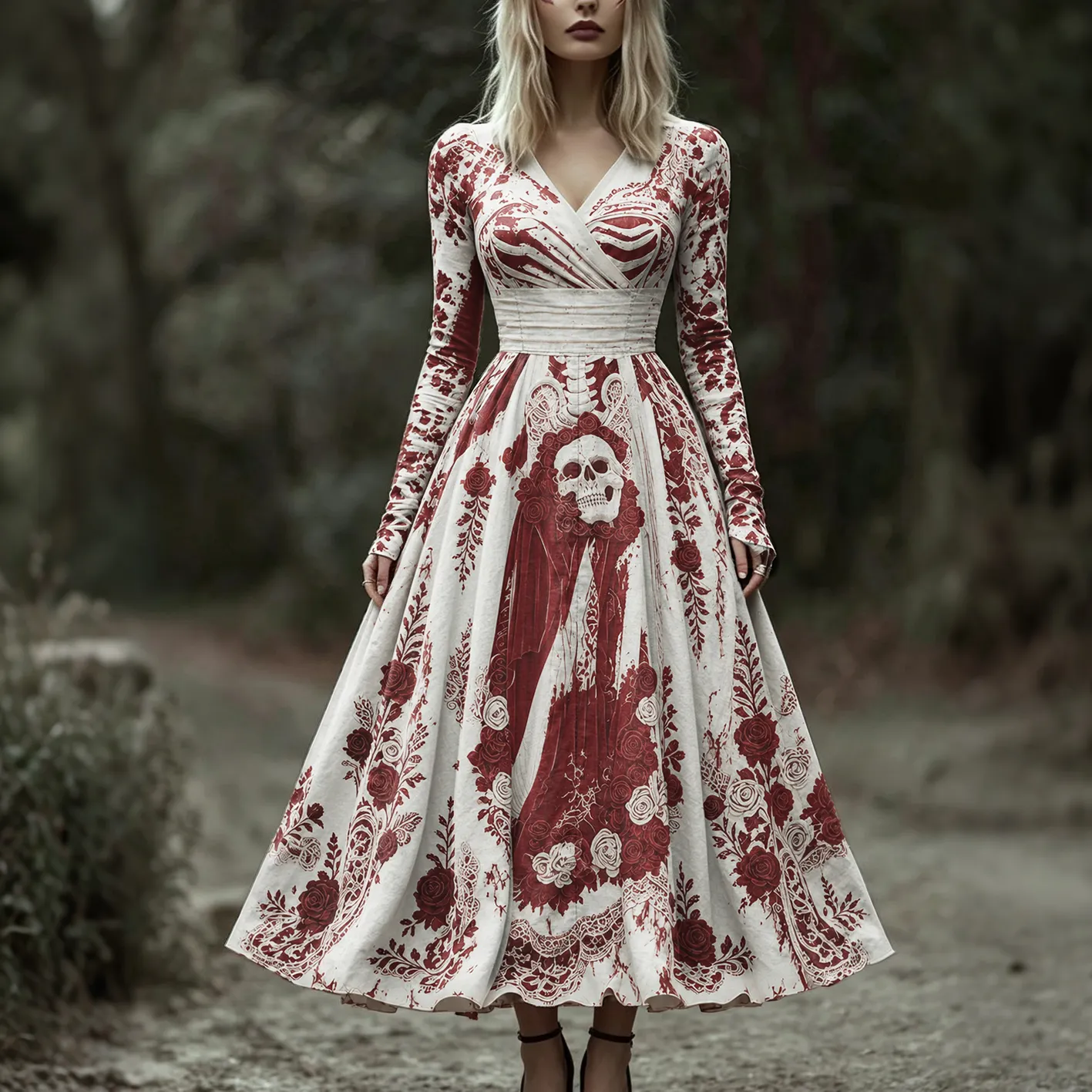 Women's Halloween Scary Nurse Skull And Floral Print V Neck Midi Dress artswardrobe