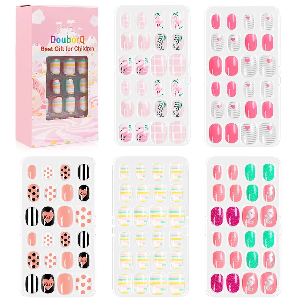 140Pcs Child Nails Kids False Nails Girls Cartoon Press on Fake Nails Colorful Full Cover Nails Cute Short Nail Tips Kits