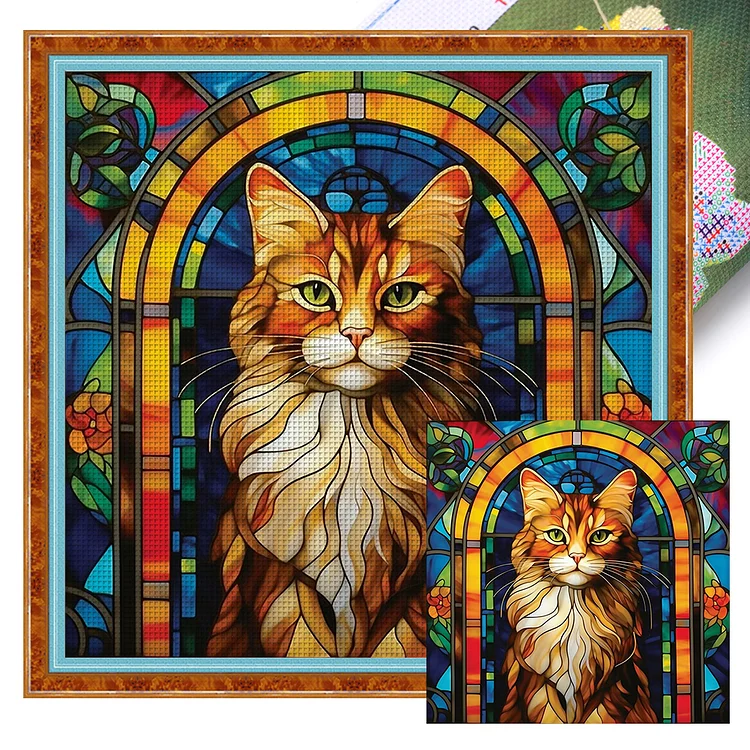 『DIY』Stained Glass Cat  - 11CT Stamped Cross Stitch(50*50cm)