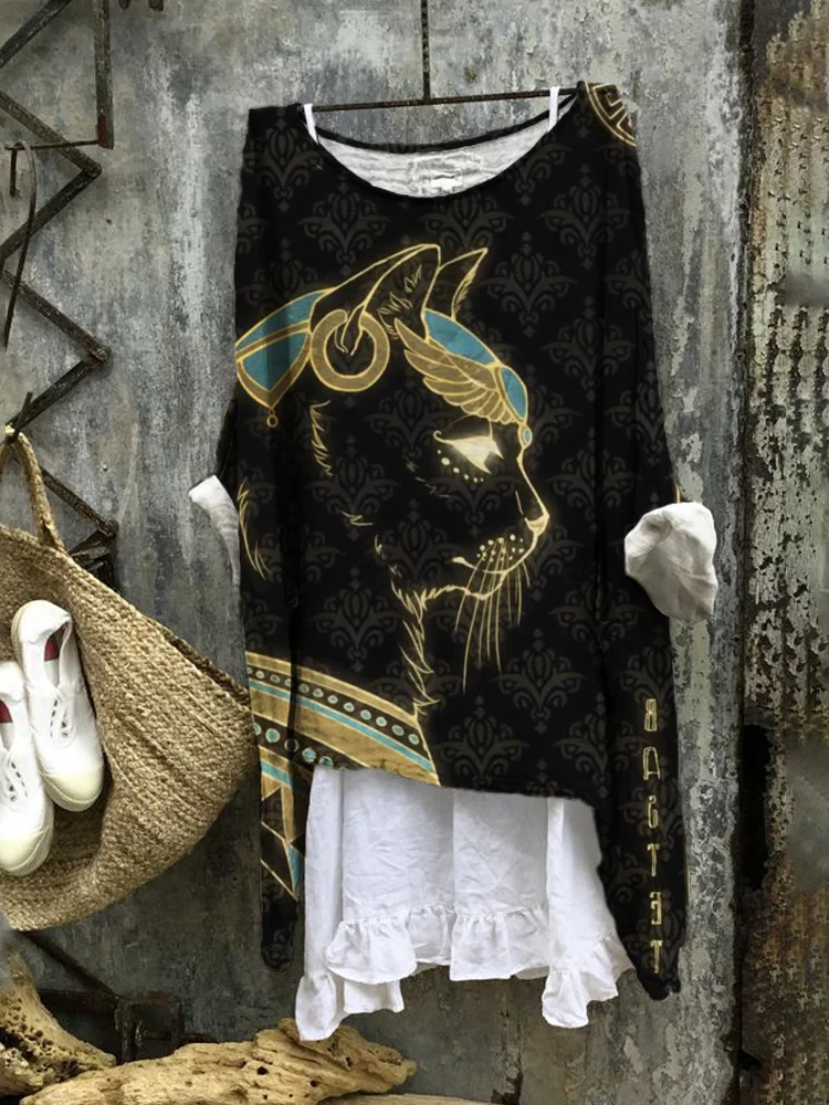 Vintage Egyptian Cat Print Women's Casual Linen Long Shirt