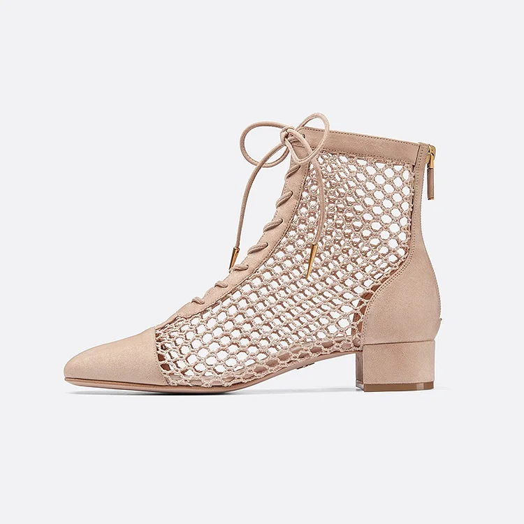 Nude Suede Lace Up Chunky Heel Ankle Boots Vdcoo