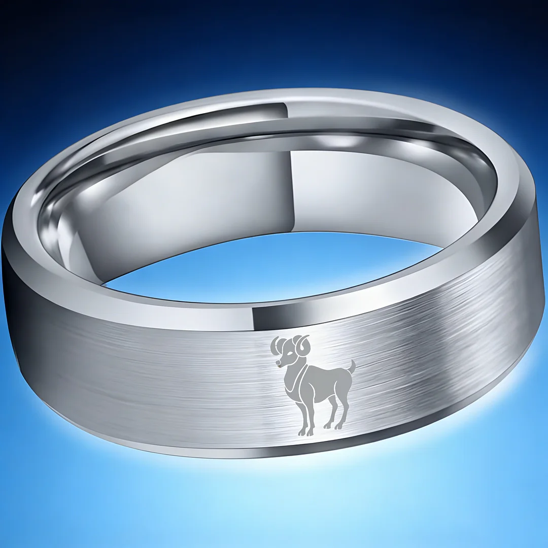 Beveled Edges Laser Etched Tungsten Carbide Rings Sliver Aries Couple Wedding Bands 4MM 6MM 8MM