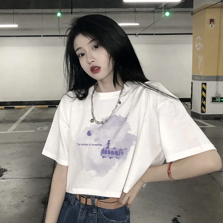 Uveng Uveng Girl Wind Student Top 2024 Summer New Fashion Chic Short Crop Short Sleeve Black Bottom T-Shirt Women