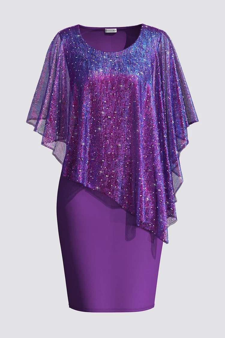 Flycurvy Plus Size Wedding Guest Purple Sparkly Cape Sleeve Bodycon Midi Dress   [product_label]