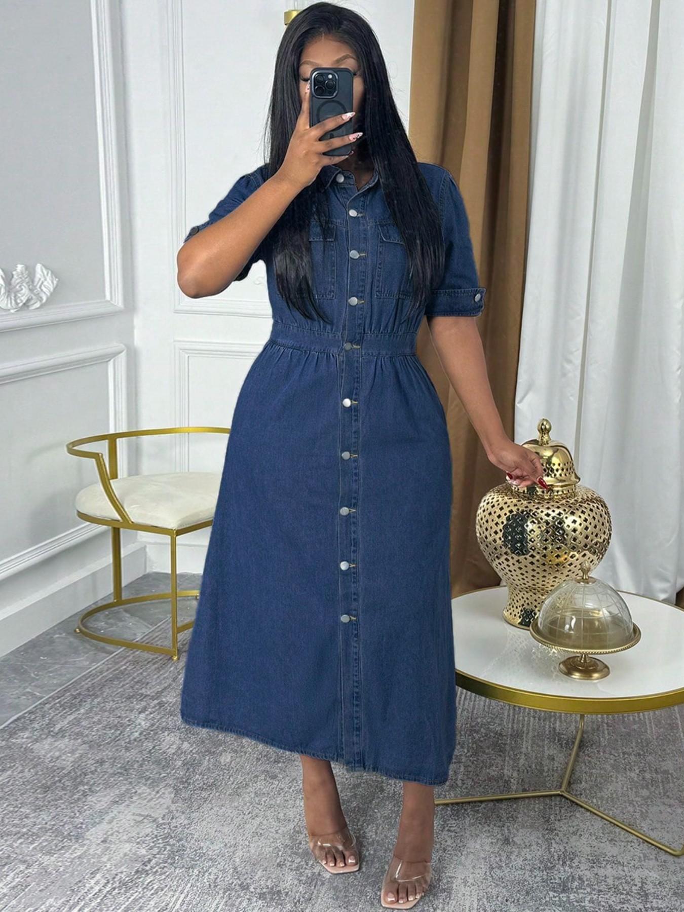 Chic Denim Shirt Dress, Button-Down Midi Dress with Chest Pockets and Cuffed Sleeves, Effortless Casual Jean Dress Chic Denim Shirt Dress, Button-Down Midi Dress with Chest Pockets and Cuffed Sleeves, Effortless Casual Jean Dress