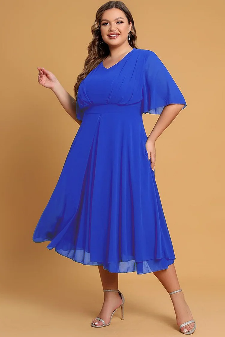 Flycurvy Plus Size Mother Of The Bride Royal Blue V Neck Layered Hem Tunic Tea-Length Dress