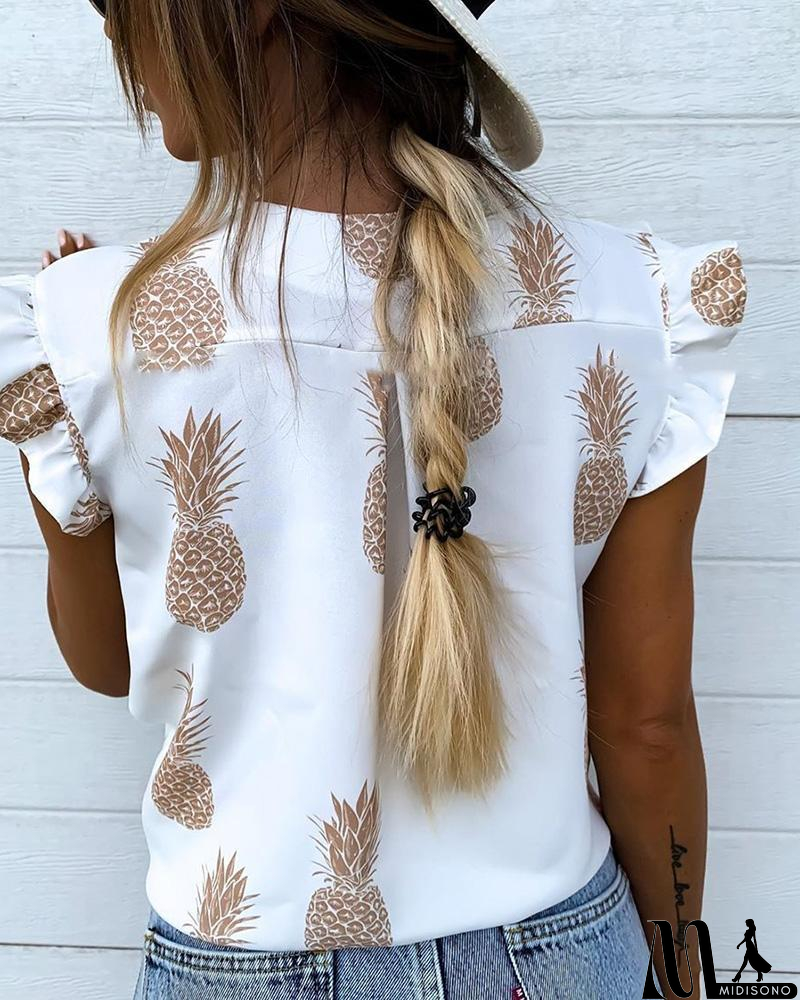 MidiSono - Printed V-Neck Casual Sleeveless Ruffled Shirt