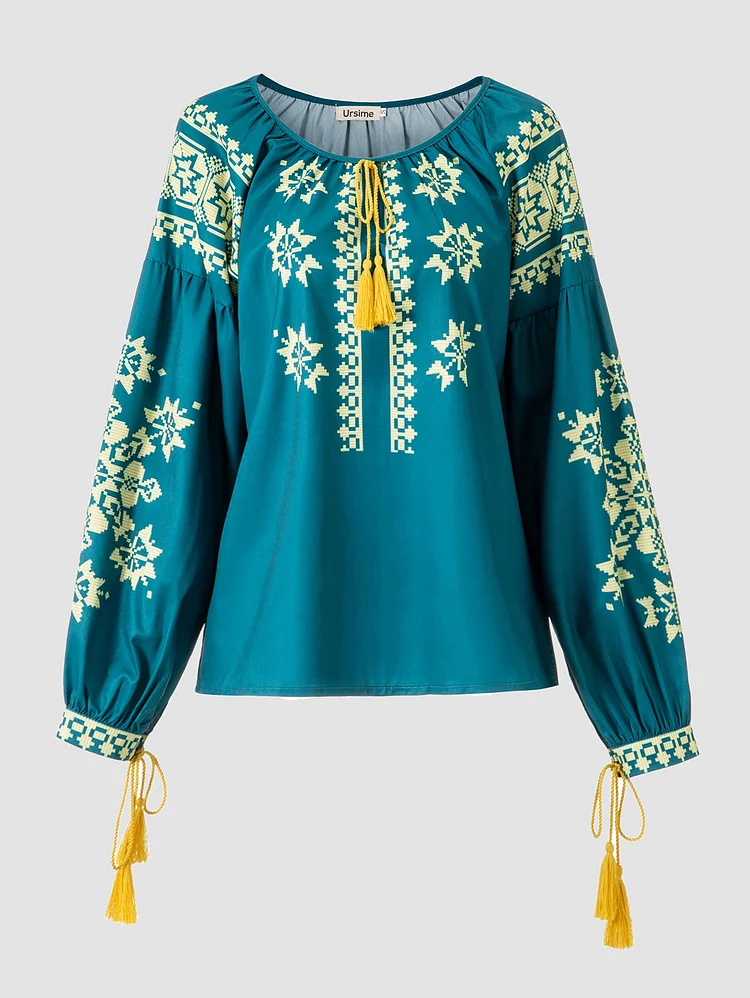 Boat Neck Geo Pattern Tassel Detail Blouse